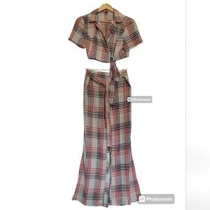 Zaful Plaid Crop Tie Top Flare Pants Two-Piece Pants Set Size 10/XL